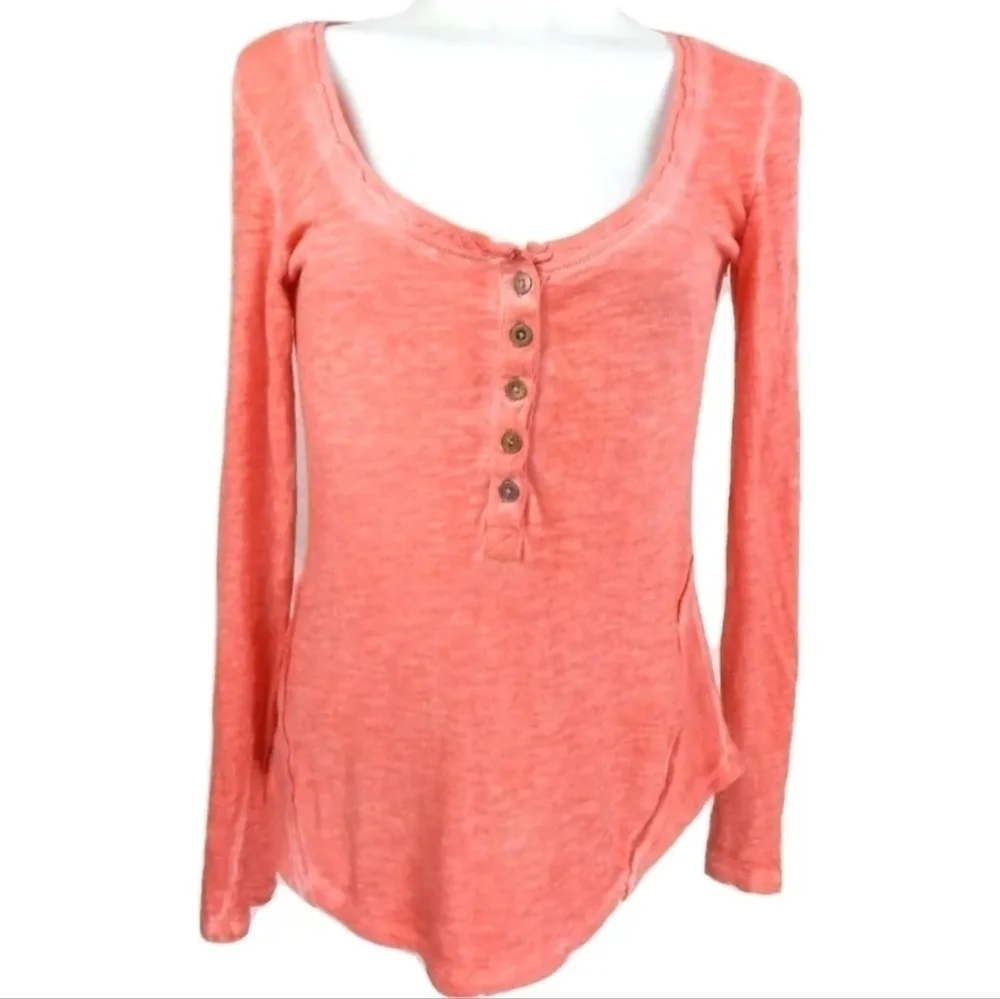 Free People Shell Stitch Pink Lace Trim Henley